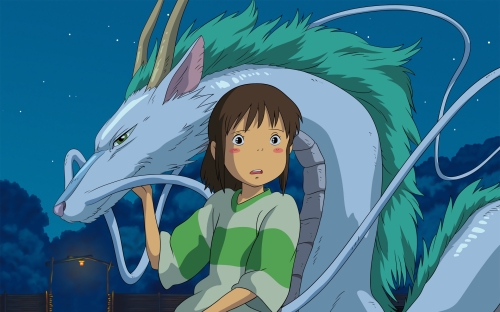 Chihiro et son ami le dragon Haku, personnification animiste d'une rivière. [image tirée du film 